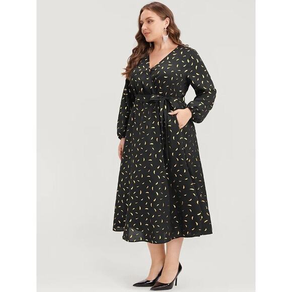 Size 22 - 24 • 3x • BloomChic • Dress Women Gold Feather Long Sleeve w/ Pockets - Picture 3 of 6